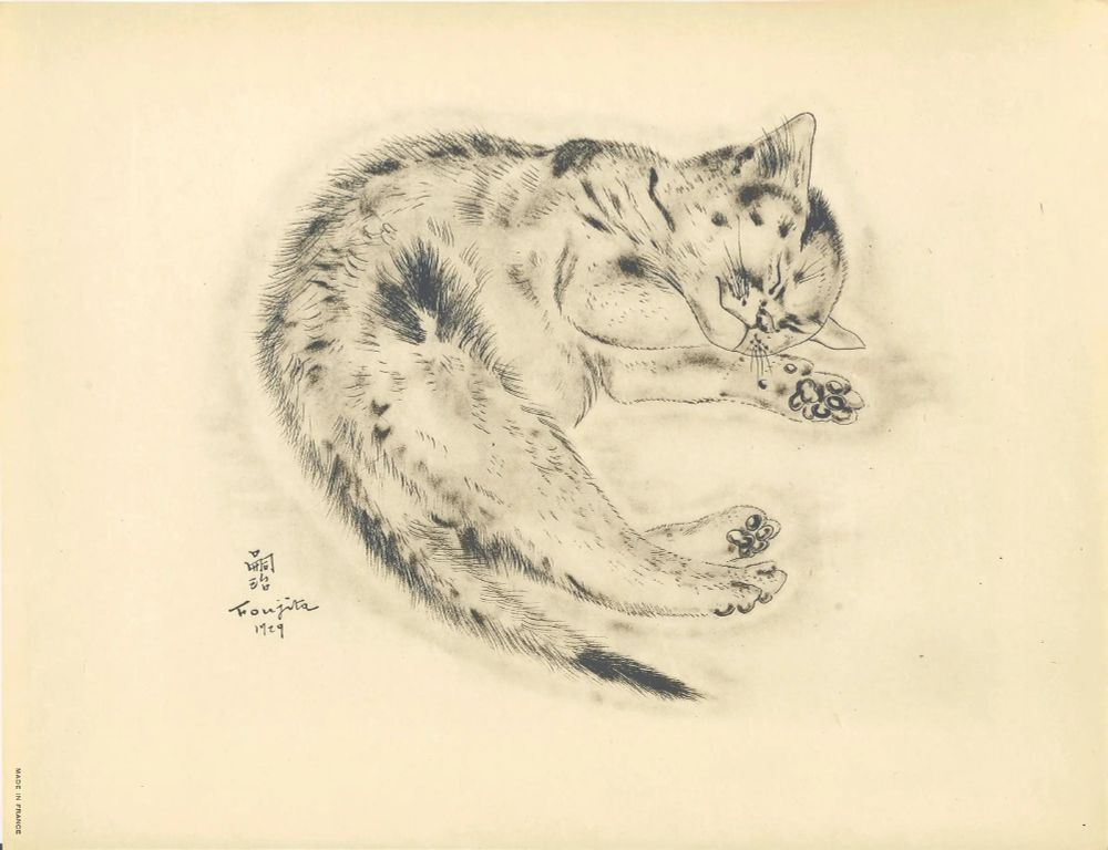 Black and white etching of a sleeping cat by Foujita, 1929. 