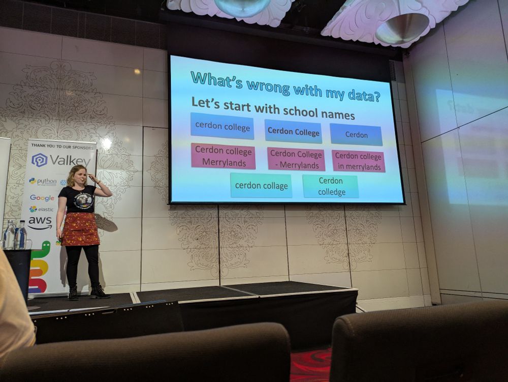 photo of Renee in front of a slide "What's wrong with my data?" with different spellings of "Cerdon College"