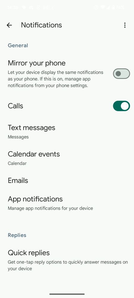 screenshot of the Notifications menu for Fitbit, with Mirror your Phone disabled, but Calls, text messages and calendar events enabled.