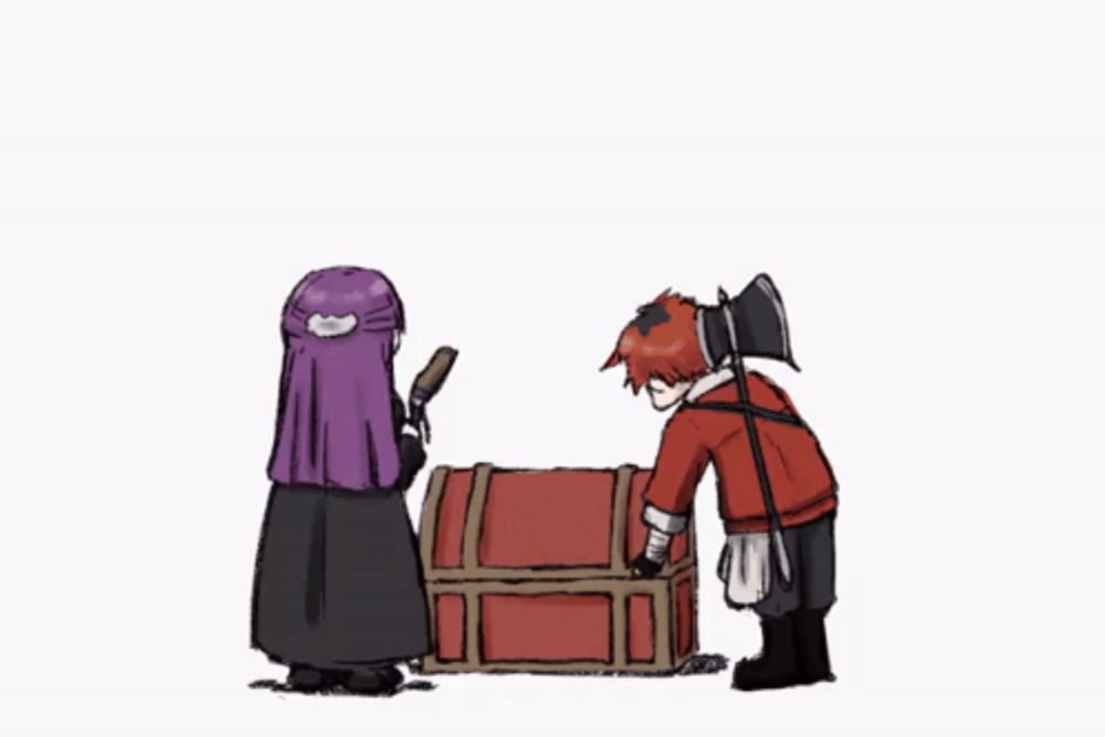 a cartoon of a man and a woman standing next to a treasure chest with a woman in it .