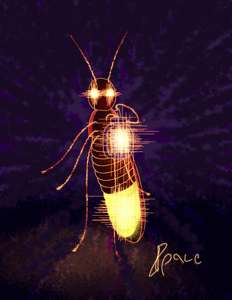 An anthropomorphic lightning bug holding up a lantern