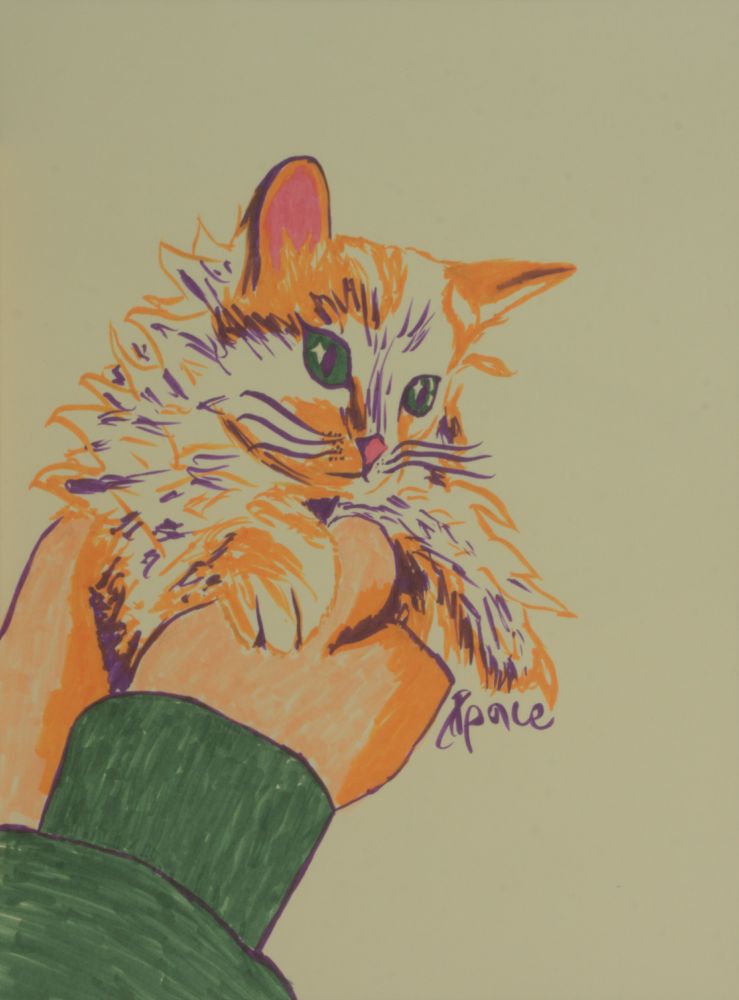 An alcohol marker drawing of a kitten in someone's hands.