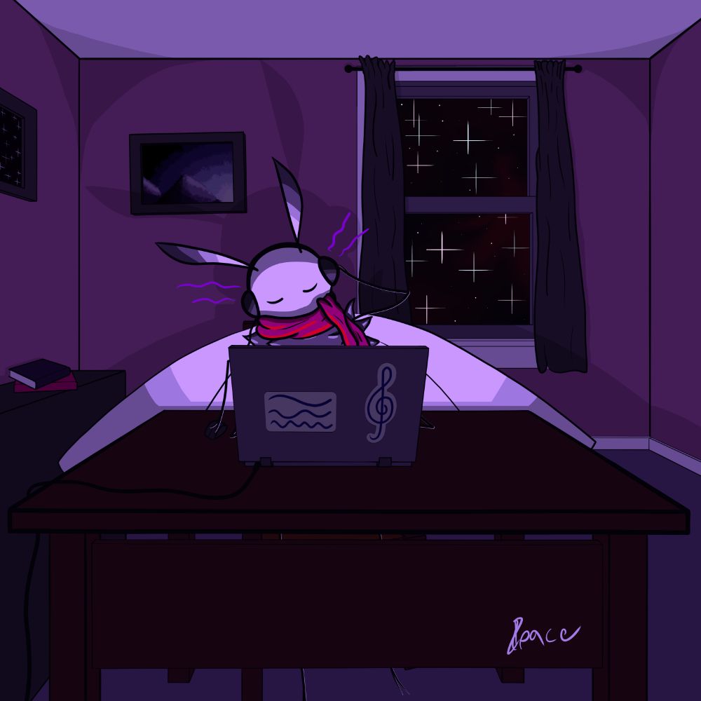 An anthropomorphic moth wearing a scarf and making synthesizer music on their laptop. A window behind them shows that it is night.
