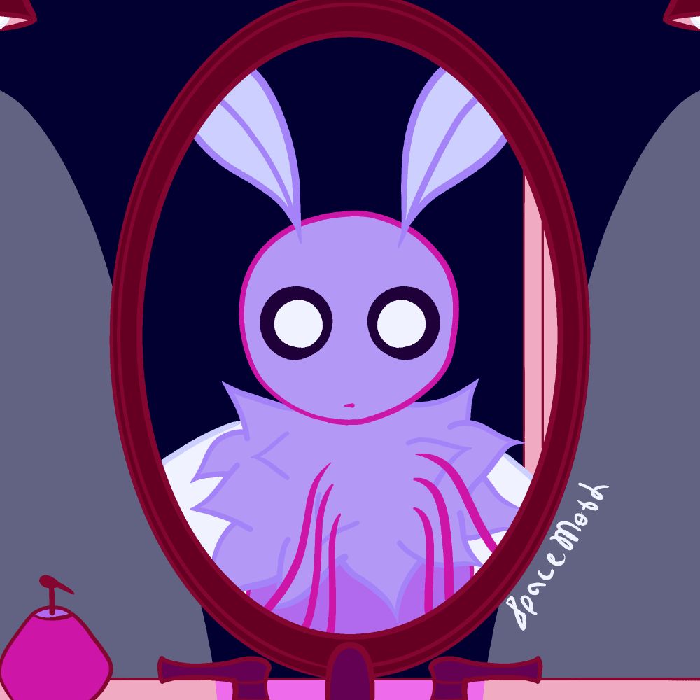 Perspective of an anthropomorphic moth looking at themselves in a mirror. A blank expression is on their face, as if they don't quite know what to feel.