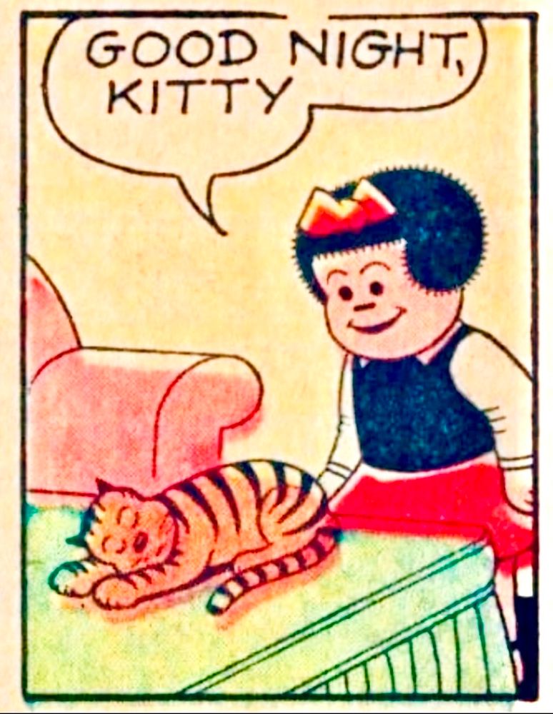 NANCY SAYS GOOD NIGHT TO HER PET CAT, ALREADY ASLEEP ON THE DAY BED

GOOD NIGHT,
KITTY

IT WAS A GOOD CATURDAY 