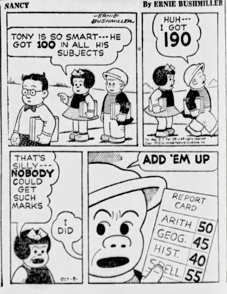 NANCY BY ERNIE BUSHMILLER 

P1- NANCY AND SLUGGO ARE DOWNTOWN WHEN THEY SEE TONY A CLASSMATE OF THEIRS 
NANCY : TONY IS SO SMART--- HE
GOT 100 IN ALL HIS SUBJECTS

P2-SLUGGO : HUH I GOT 190
P3- NANCY THAT'S SILLY ---NOBODY COULD GET SUCH MARKS
SLUGGO: I DID

P4-SLUGGO IS HOLDING UP HIS REPORT CARD
REPORT CARD
ARITH 50
GEOG 45
HIST   45
SPELL50

SLUGGO:ADD ‘EM UP