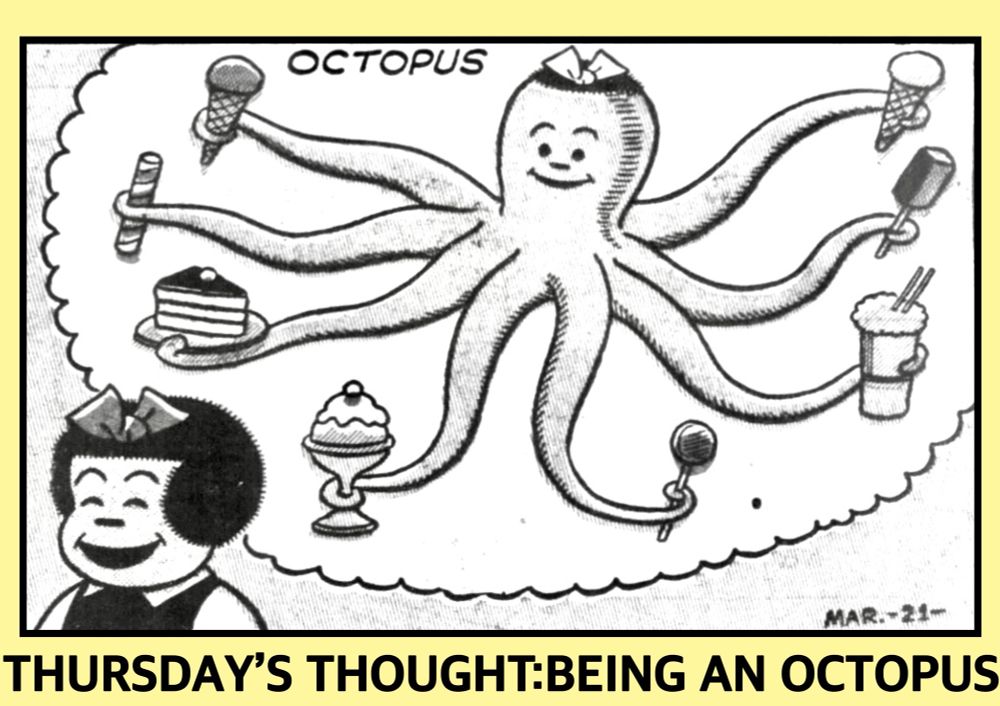 NANCY ‘S THURSDAY THOUGHTS
NANCY THINKS THAT BEING AN OCTOPUS WOULD BE NICE, BECAUSE YOU COULD HOLD EIGHT SNACKS AT THE SAME TIME 