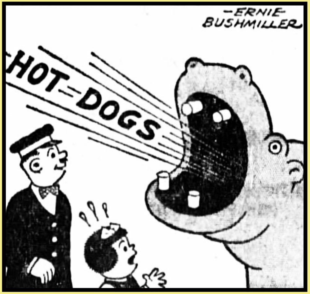 A ZOOKEEPER AND NANCY WATCH AS IT APPEARS THAT A HIPPOPOTAMUS WITH ITS MOUTH STRETCHED OPEN IS SAYING VERY LOUDLY: HOT DOGS