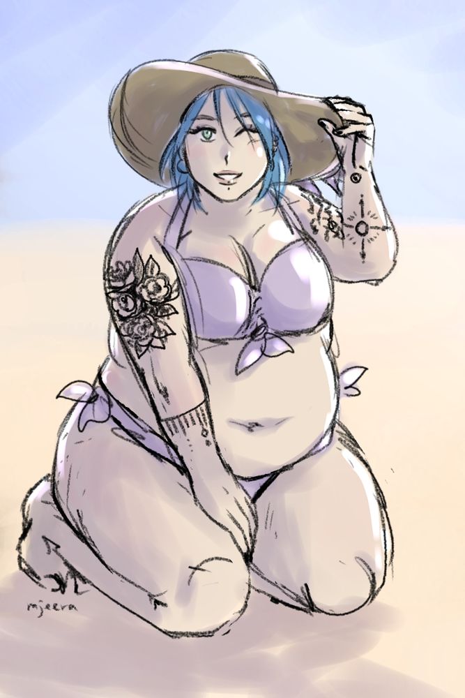 Digital sketch of a female character with pale skin with tattoos and blue dyed hair in a lavender colored bikini sitting on a beach. She also wears a hat with a purple ribbon. 