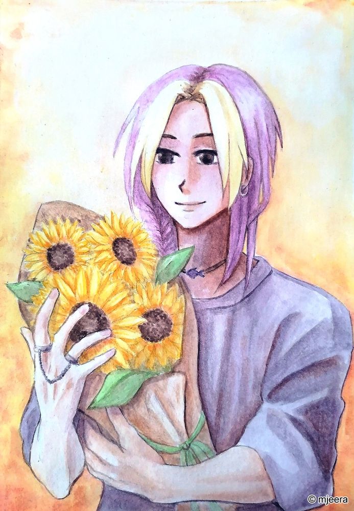 Water color illustration of Sunny June from my webcomic holding a bouquet of sunflowers in his hands.
