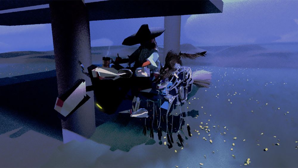 Overpainted blender sketch of a shadowy witch-like figure on a motor broom that vaguely resembles a jousting horse. A scraggly cat stretches over the broom behind the witch.