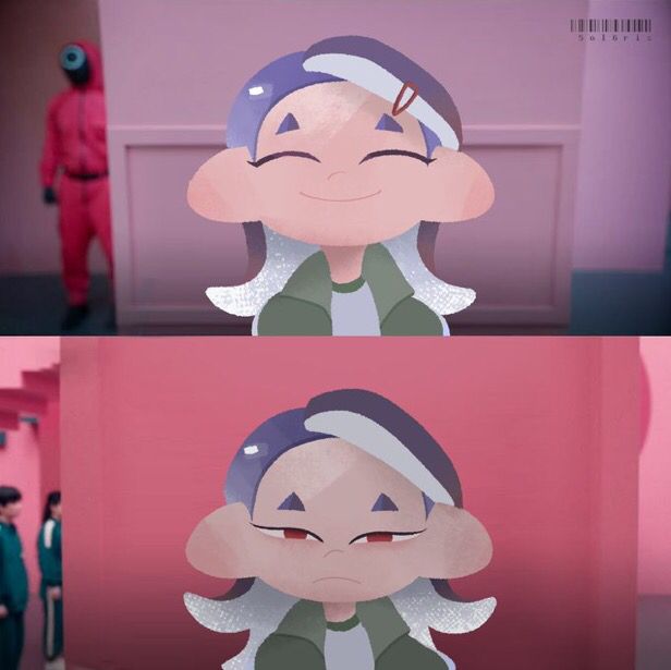 in the top photo, she is excited. in the bottom photo, she is not looking happy in the slightest.