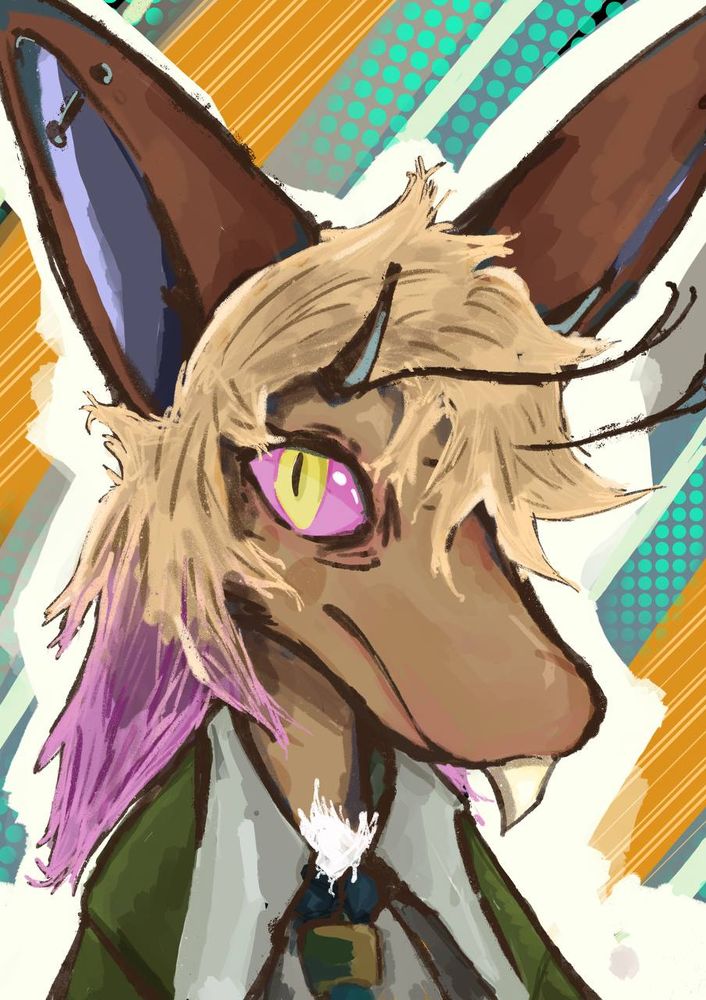 art in the style of the portrait of the disco elysium main character harry dubois, but instead showing my yinglet in his place