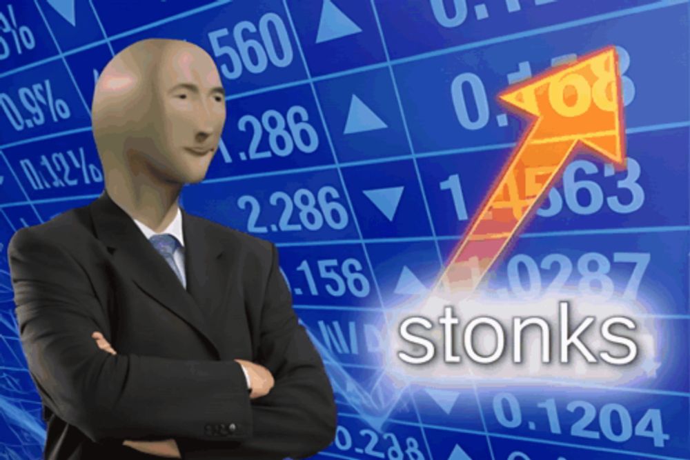 a man in a suit and tie is standing in front of a stock chart with the word stonks on it