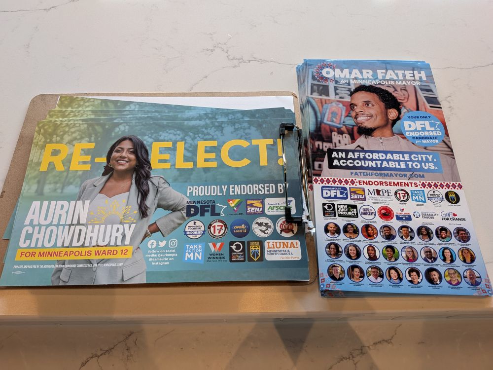 Campaign literature for CM Aurin Chowdhury and Omar Fateh. They're both endorsed by SEIU, Take Action MN, Sunrise Twin Cities and a bunch of great elected officials!