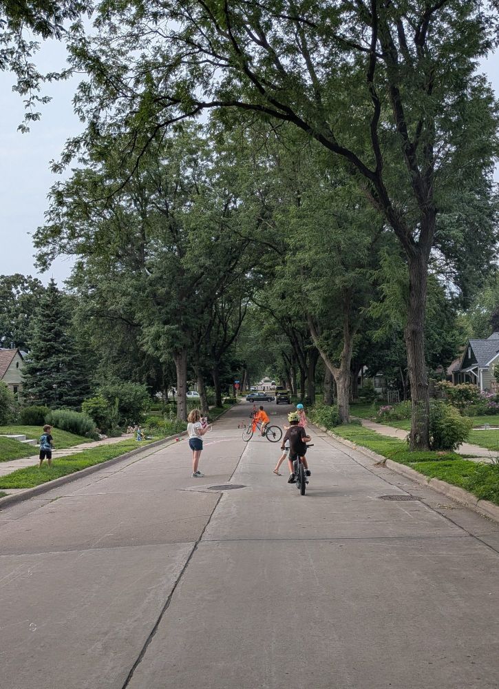 A neighborhood street with kids running and biking around. There are trees and houses on both sides of the street. There are no cars on the street. Not pictured behind the photographer are tables of food, a few dozen adults sitting and eating, and younger kids playing with bubbles.