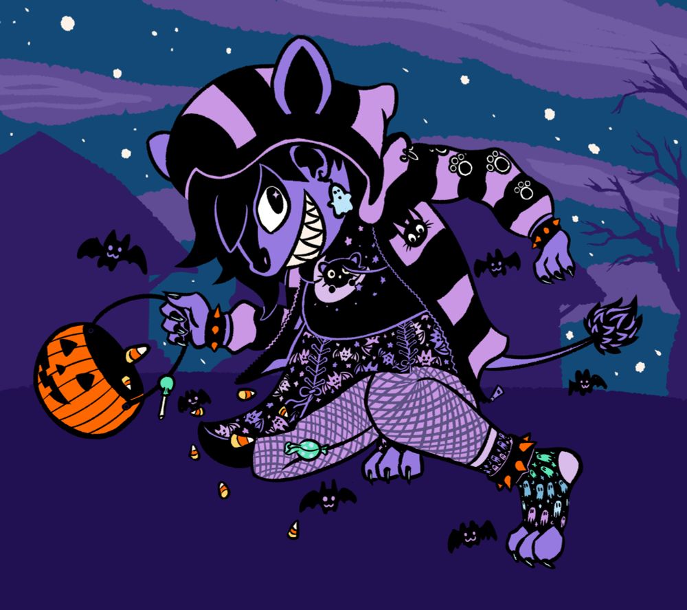 Digital art of an anthropomorphic porcupine dressed in purple and black Halloween themed clothing. She is grinning with sharp teeth, carrying a bucket full of candy. 
