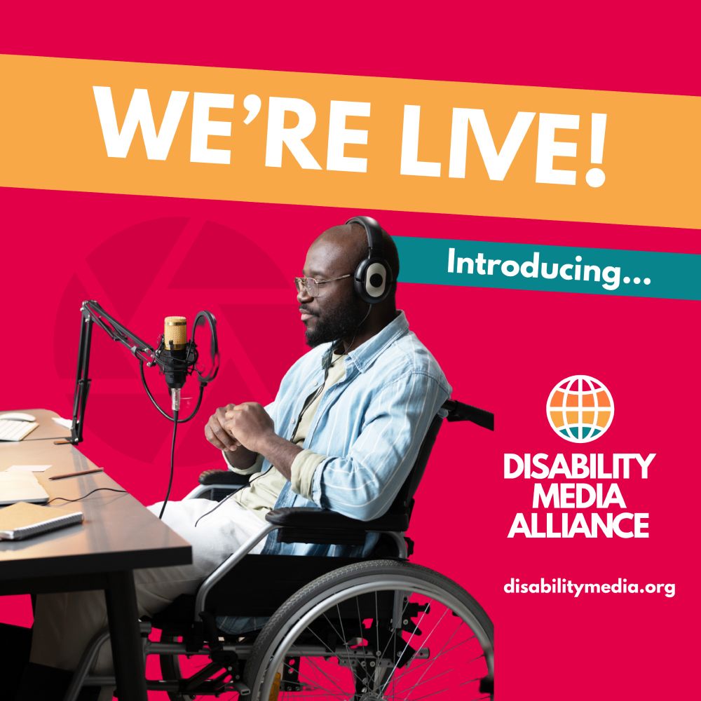 Text reads: We're live! Introducing...Disability Media Alliance. DisabilityMedia.org. Image description: A red square image features a Black person with no hair and over-the-ear headphones. They are sitting in a wheelchair pulled up to a desk with a microphone on it. There is a dark red shutter icon in the background, and Disability Media Alliance's colorful logo in the corner.