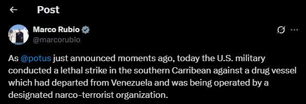 Trump announces US military conducted a lethal strike on a Venezuelan drug boat.