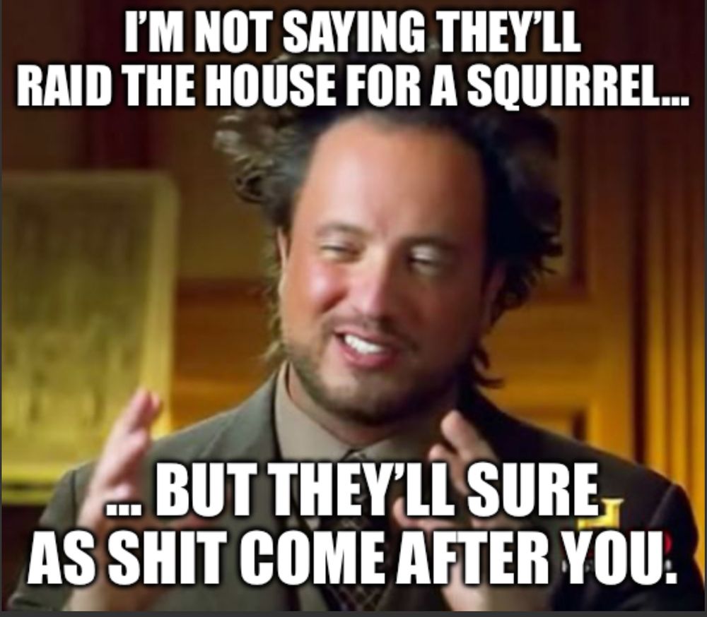 The ancient aliens guy meme photo with the text “I’m not saying they’ll raid the house for a squirrel… but they’ll sure as shit come after you.”