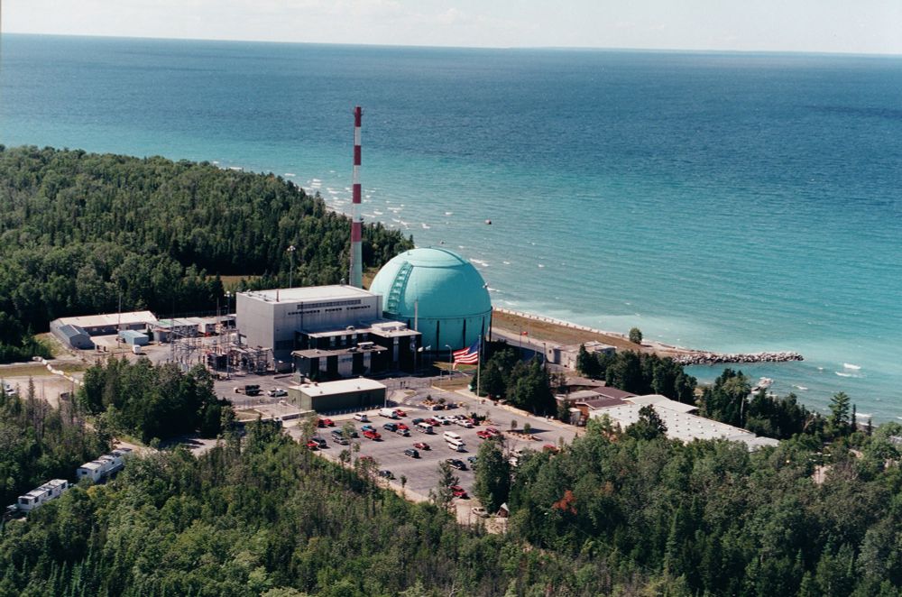 Nuclear plant along Lake Michigan with American flag. From Greenwood Cemetery archives