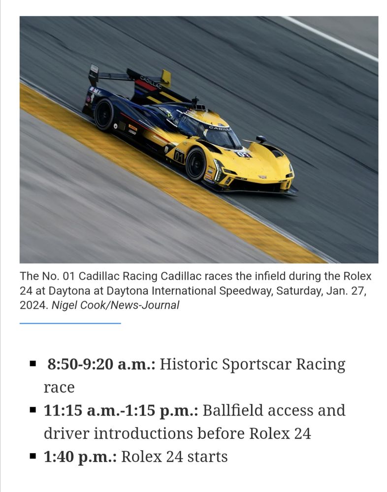 Screenshot of the 24 hours of Daytona race schedule published by the Daytona Beach News Journal. The "Historic Sportscar Racing race" begins at 8:50am