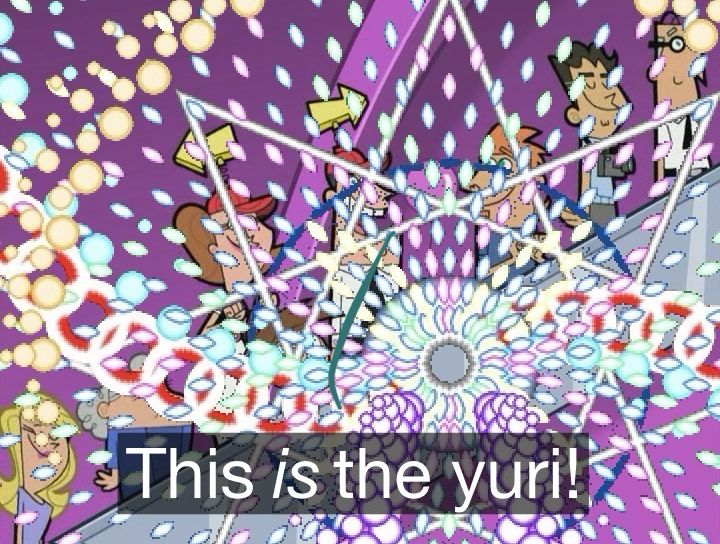 A screenshot of The Fairly OddParents, but it's hard to see because a pattern of glowing energy bullets from a Touhou game has been added. A character states, "This /is/ the yuri!"