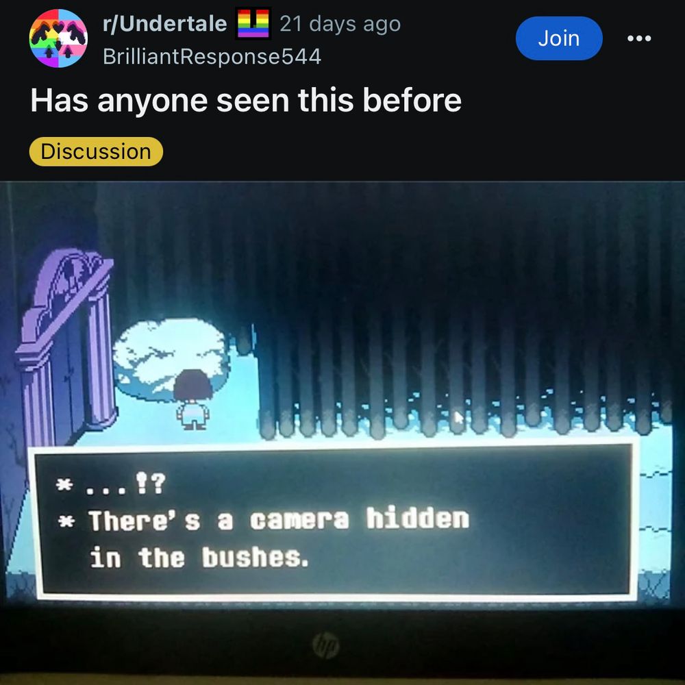 A Reddit post, on the Undertale subreddit. "Has anyone seen this before" alongside a screenshot of the video game Undertale, showing a dialogue box:
...!?
There's a camera hidden in the bushes.