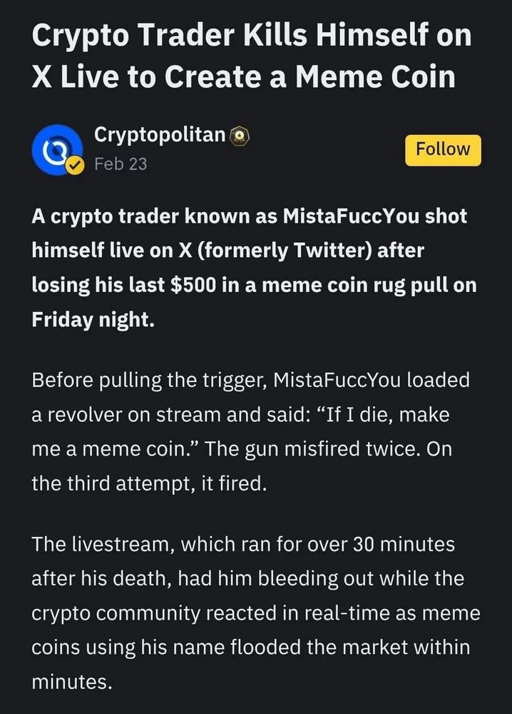Screenshot of a piece of text from 'Cryptopolitan' that details the events leading up to the creation of a cryptocurrency "meme coin" following a user's suicide after losing all his money on cryptocurrency. 