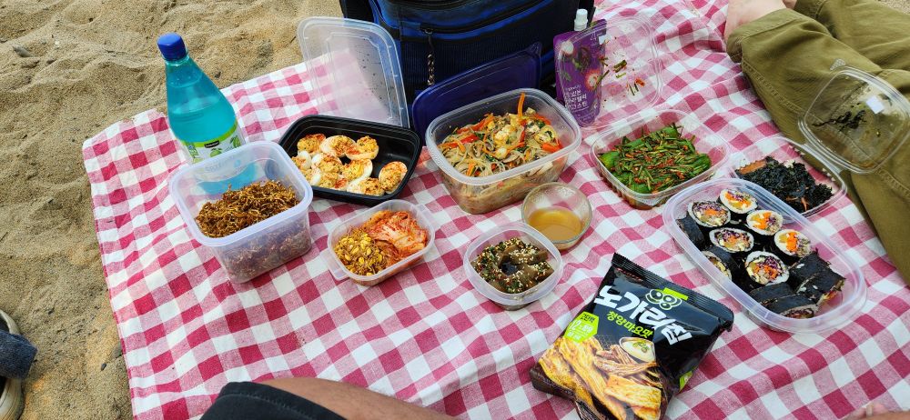 A red and white checkered picnic blanket. There is sparkling water, fried tiny fish, deviled eggs, bean sprouts, kimchi, japchae, acorn jelly, mangosteen jelly drink, spicy cucumber salad, kimbap, and seaweed salad. There is also a bag of snacks just in case.