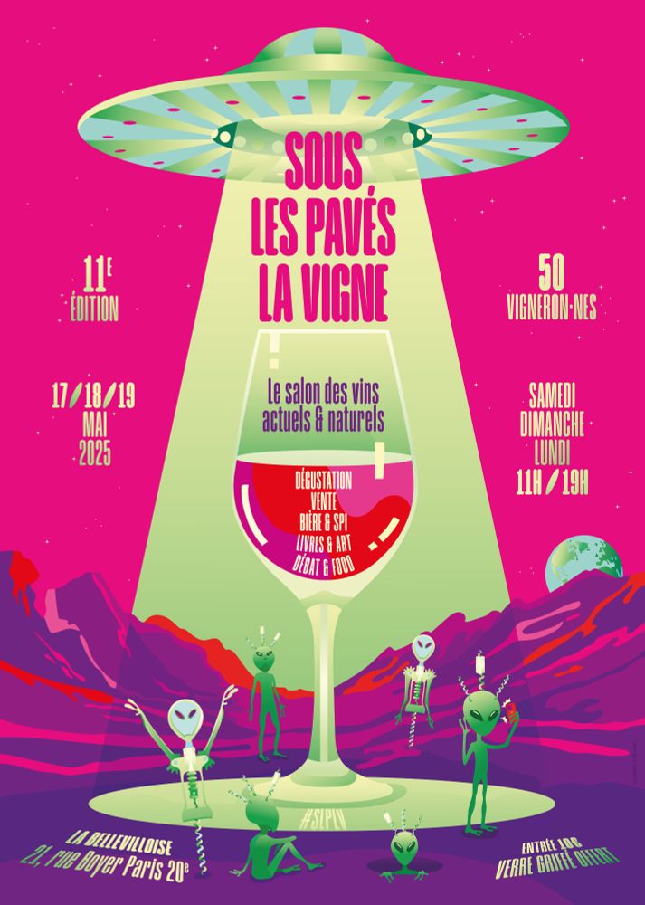L'affiche de SLPLV de cette année (avec une soucoupe volante, un verre de vin géant et des p'tits hommes verts ravis).