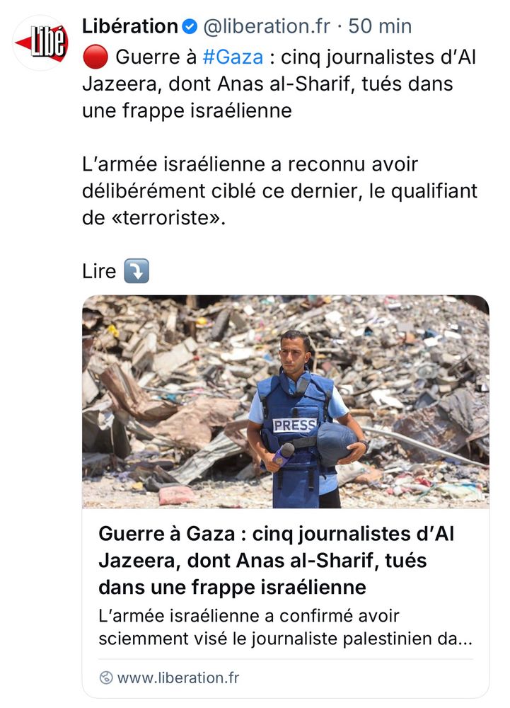 La titraille de Libé sur l’assassinat des journalistes d’Al Jazeera, avec l’ignoble justification israélienne.