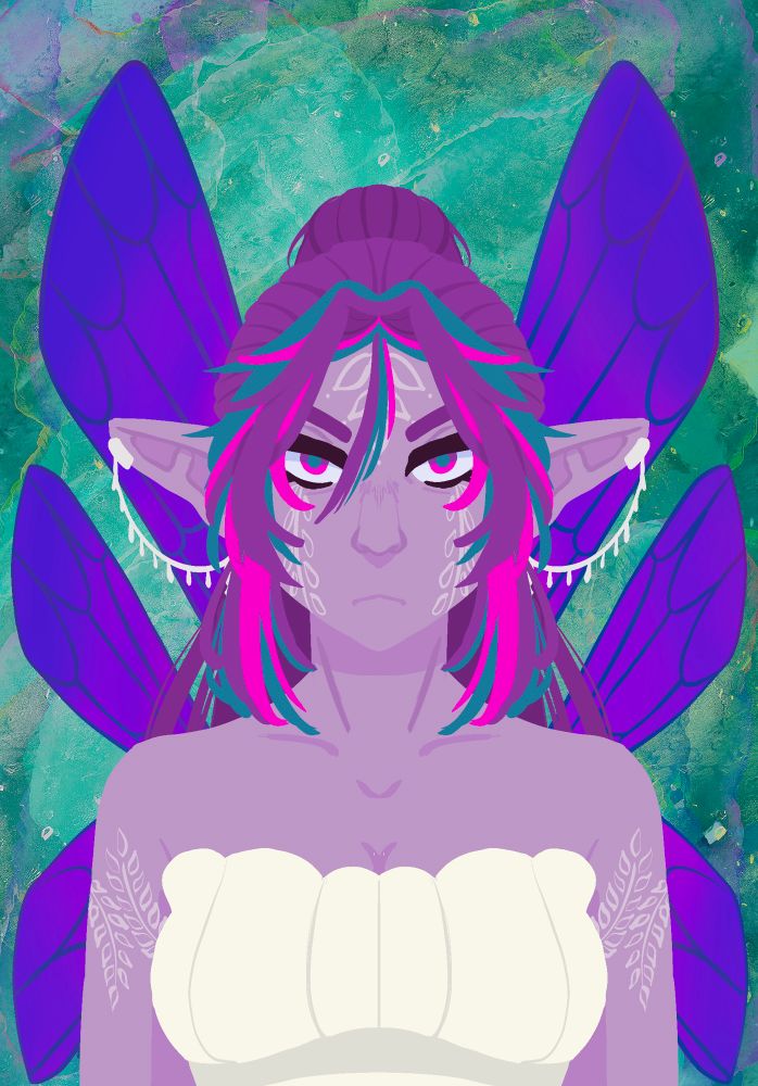 Portrait of Felurian, a purple skinned fairy with purple hair and pink and blue highlights. She wears a cream petal dress and has piercings and tattoos.