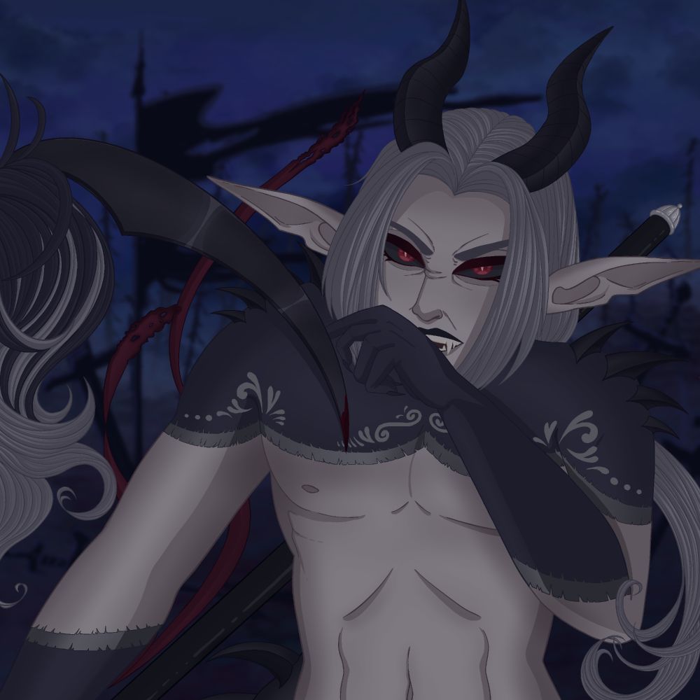 A horned humanoid creature glaring at the viewer surrounded by a barren field of what was once a battle. He is the last one standing. Small bit of blood on the edge of his scythe-like tail.