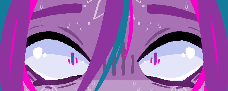 Portrait of Felurian, a purple skinned fairy with purple hair and pink and blue highlights. The image is a close up of her eyes in fear made for a movie night banner in my server.