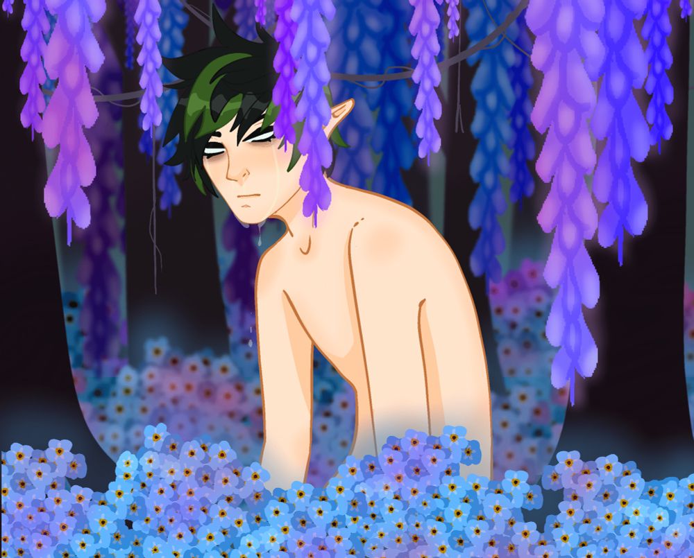 A wingless fairy crying in the middle of a forget me not flower field, surrounded by wisteria blooming around him. He has black and green spiked hair and blank white eyes with no pupil or iris.