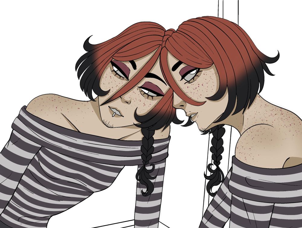 A red haired man leaning on their vanity and looking away from the mirror perched on top of it.