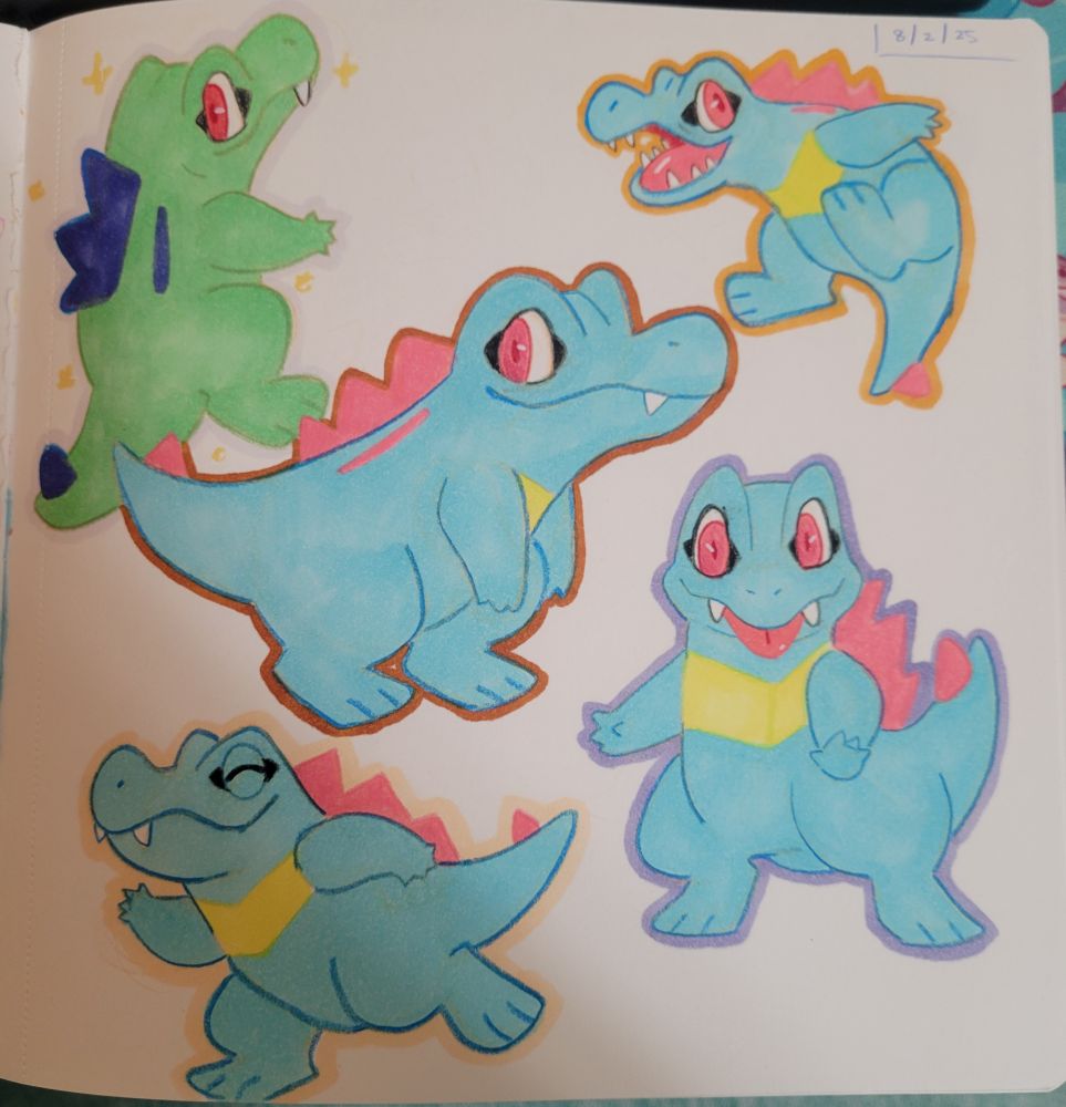 The pokemon totodile in multiple poses. 