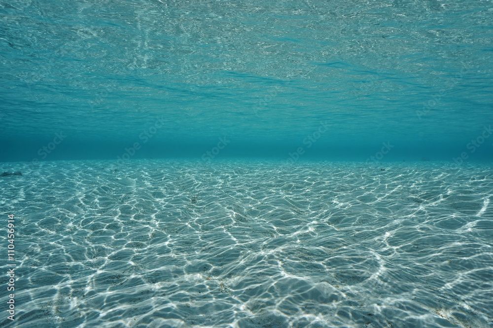 An adobe stock photo of shallow ocean water. The bottom is covered in sand, with sunlight shining through the ripples of the water's surface. You can see that it's flat and shallow all around very far in the distance.