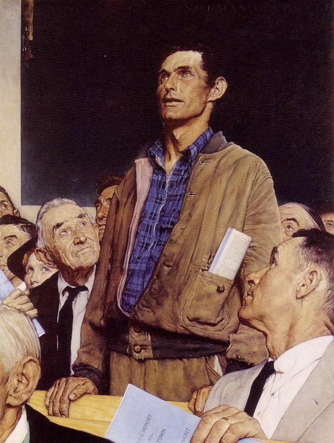 norman rockwell painting of a man standing up and speaking at a public engagement of some kind, probably a political town hall or something (the painting is called "freedom of speech" and everyone has little folding pamphlets so good bet it is like a town hall or a politicians speech or something idk wikipedia can tell you more i'm no art historian)