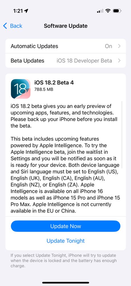 Screenshot showing ios 18.2 beta update now available on iPhone 
