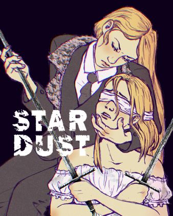 "STARDUST"
June caresses July's chin lovingly; July is blindfolded and holding two dueling sabers. June strokes the tip of one sword sensually.