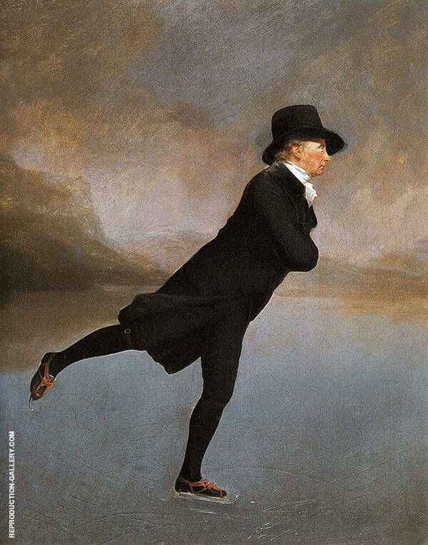 Henry Raeburn's famous painting of the Reverend Robert Walker skating on Duddingston Loch. National Gallery of Scotland. The picture shows a man dressed on black and wearing a tall hat starting. To the left of the picture a promontory juts into the lake. The lake ice is blue and the land to the left and on the distance dark green and brown.
