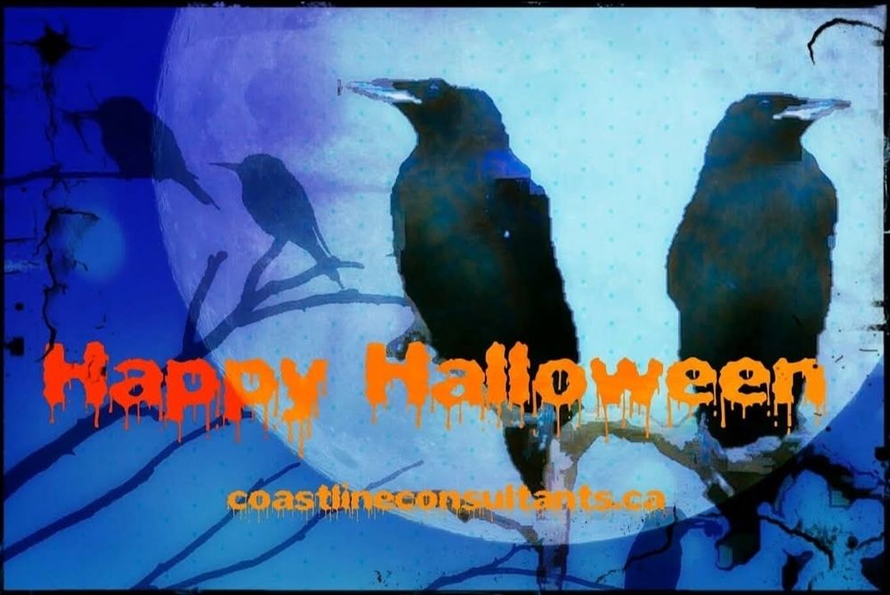 
Image description: The drawing is of crows at night time. Two are in the foreground, resting on a branch. Two more are in the background. The moon is large.