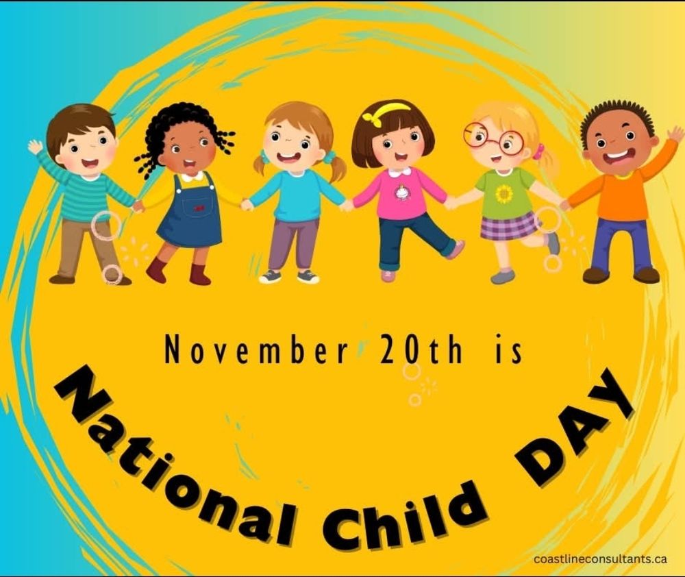 
Image description: Graphic. Six children hold hands and smile against a yellow sun set on a blue backdrop. Text reads: November 20th is National Child Day.