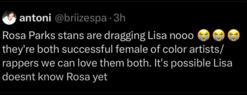 A tweet from a black pink fan defending Lisa Rosa Parks stans are dragging Lisa nooo they're both successful female of color artists/ rappers we can love them both. It's possible Lisa doesnt know Rosa yet 