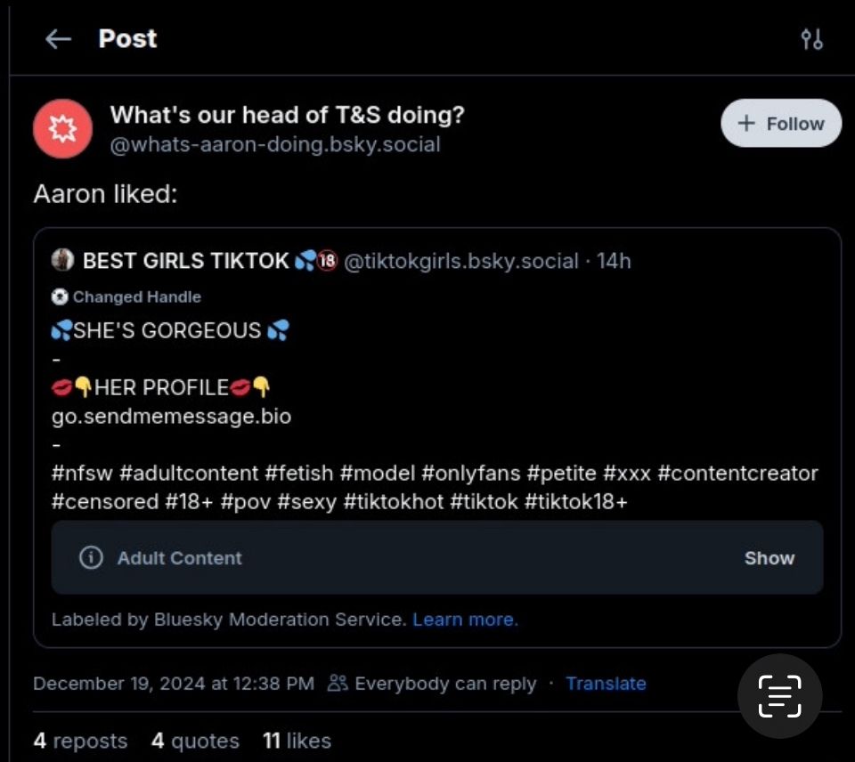 What's our head of T&S doing? @whats-aaron-doing.bsky.social
+ Follow
Aaron liked:
BEST GIRLS TIKTOK
• Changed Handle
•SHE'S GORGEOUS »
@tiktokgirls.bsky.social • 14h
THER PROFILES
go.sendmemessage.bio
-
#nfsw #adultcontent #fetish #model #onlyfans #petite #xxx #contentcreator #censored #18+ #pov #sexy #tiktokhot #tiktok #tiktok18+