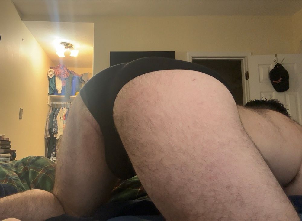 Me in nothing but black briefs ass up face down on my bed