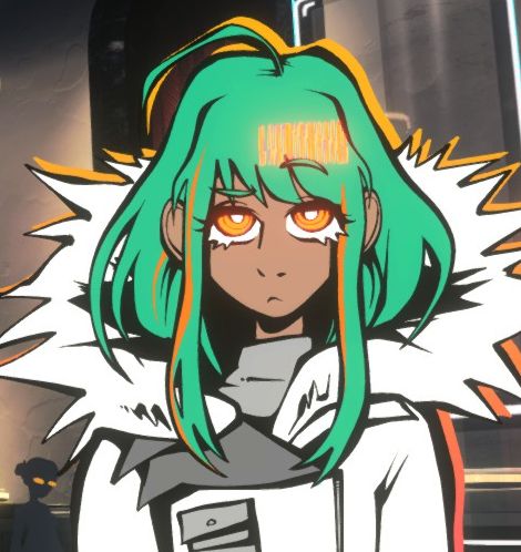 serra from of the devil. she has green, shoulder-length hair, and an orange barcode over the right side of her forehead. she's wearing a white parka with orange accents. she's looking up in thought, one eyebrow raised.