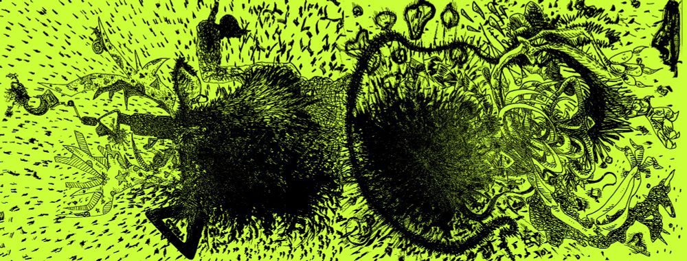 double art banner skeletal structures exploding. very macabre, surreal & abstract. a deer with stickers, tattoos, objects & snails on him. he has piercings with rocks flying everywhere. brachiosaurus with a long, dark tail exploding to the right.